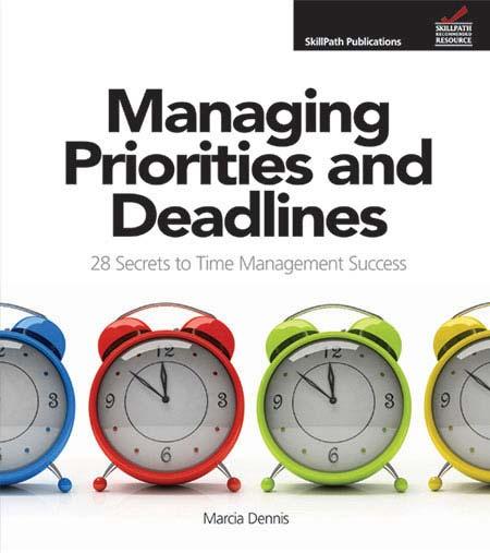 Image of a book with the title Managing Priorities and Deadlines.  There are colorful clocks on the cover.