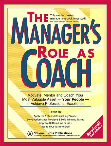 Image of a book cover with the title The Manger's Role as Coach.  It is red and yellow and has a geometric pattern behind the title.