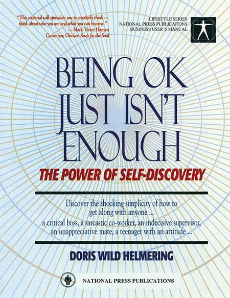 Image of a book cover with the title Being OK Just Isn't Enough.  There is a circle pattern behind the title on the cover.