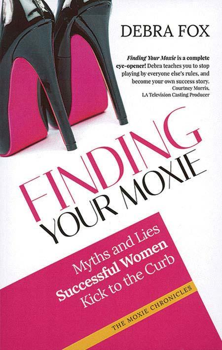 Image of a book cover with the title Finding Your Moxie.  There is an image of a pair of black heels in the upper left hand corner.
