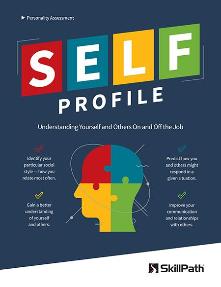 Image of a book cover with the title Self Profile.  There is an image of a human head that is presented as puzzle pieces.