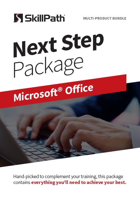 Image of a book cover with the title Next Step Package Microsoft Office. There is an image of a person's hands typing on a laptop.