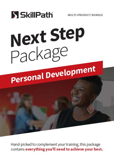 Image of a book cover with the title Next Step Package Personal Development. There is also an image of a business professional smiling.