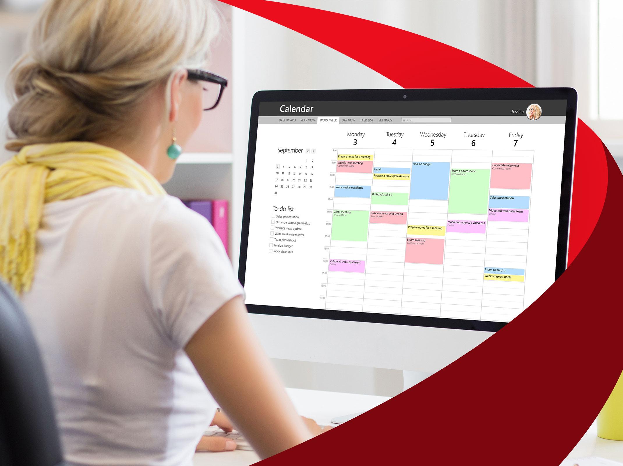 Professional woman reviewing scheduled meetings on her calendar